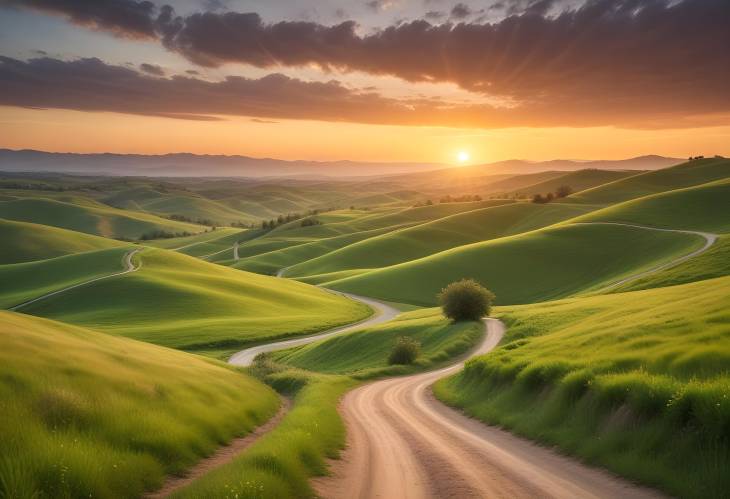 Serene Countryside Rolling Hills and Golden Sunset