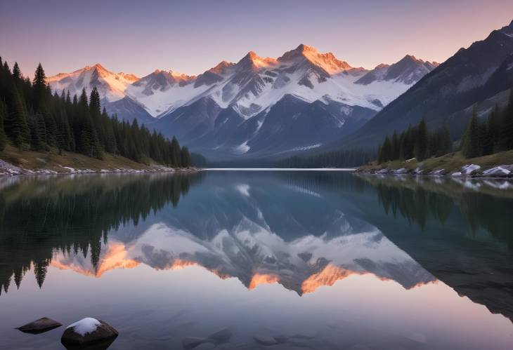 Serene Dawn at a Mountain Lake with a Perfect Reflection of Snow Capped Peaks for a Tranquil Scene