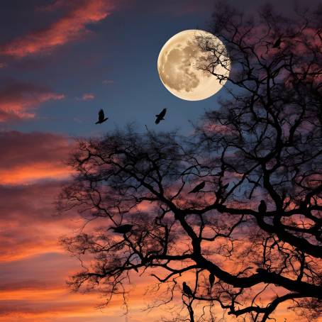 Serene Full Moon at Sunset with Tree and Bird Silhouettes Against a Vibrant Sky