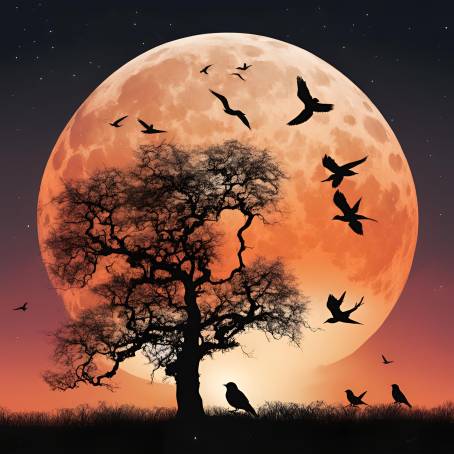 Serene Full Moon Rising with Sunset Colors, Tree Silhouettes, and Birds in the Twilight