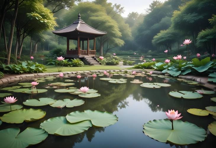 Serene Garden Meditation with Calm Pond and Lotus Flowers in a Peaceful Atmosphere