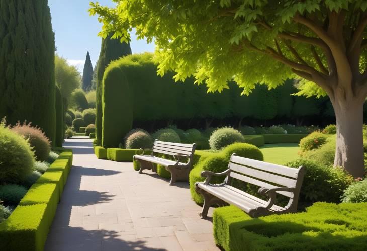 Serene Garden Pathway with Benches and Manicured Bushes Beneath Sunny Sky  Outdoor Bliss