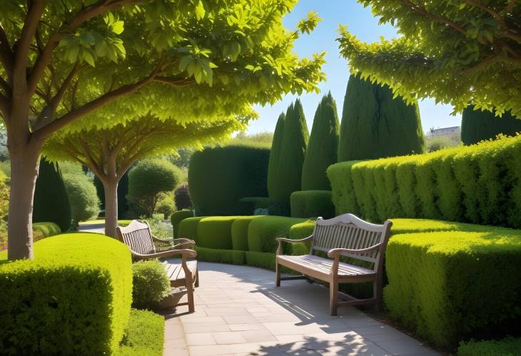 Serene Garden with Benches and Manicured Bushes Beneath a Bright Sunny Sky  Outdoor Tranquility