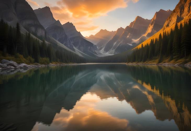 Serene Golden Hour Light Over a Mountain Lake with Majestic Peaks and Calm Reflections