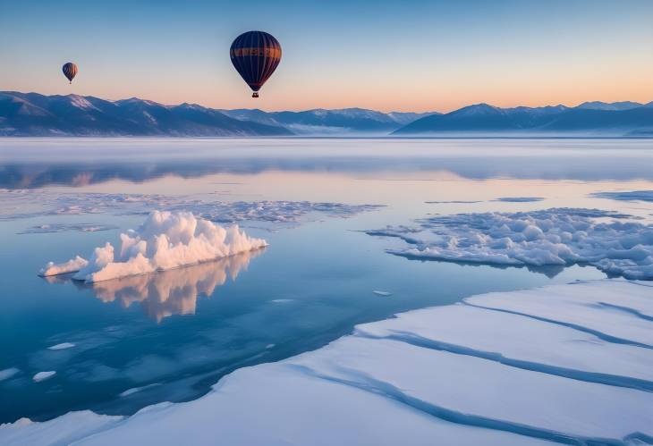 Serene Hot Air Balloon Flight Over Baikal Lake Captivating Winter Sunrise and Ice Hummocks