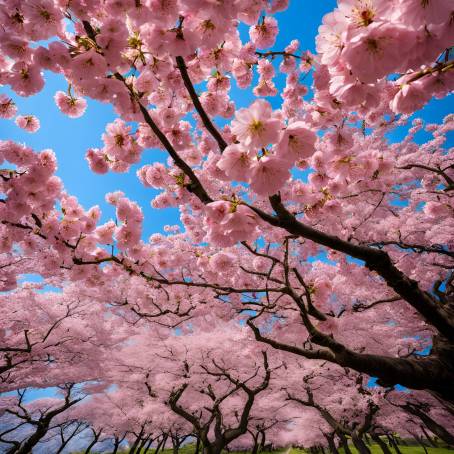 Serene Japanese Spring Pink Cherry Blossoms Dancing in the Bright Blue Sky