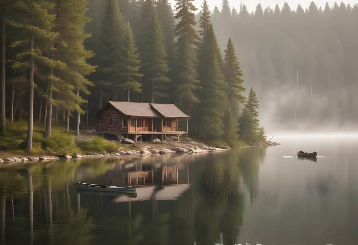 Serene Lakeside Cabin Surrounded by Tall Pine Trees with a Canoe Docked at the Shore and Mist Risin