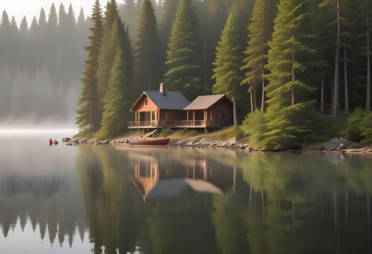 Serene Lakeside Setting with Cabin, Tall Pine Trees, Canoe at Shore, and Mist Rising from Lake