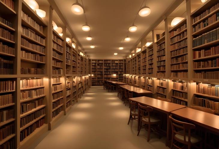 Serene Library with Soft Lighting and Rows of Bookshelves for a Captivating Study Experience