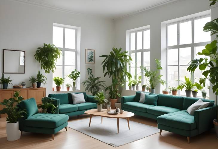 Serene Living Room with Lush Green Plants, Comfortable Sofas, and Cozy Atmosphere