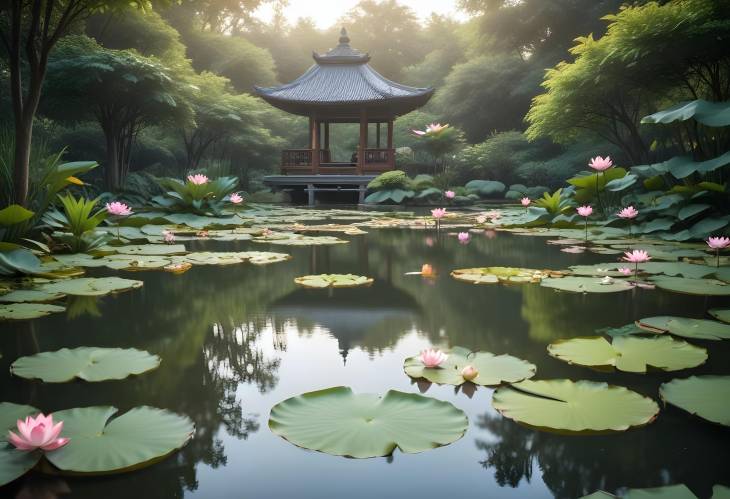 Serene Meditation Experience in a Peaceful Garden with Calm Pond and Lotus Flowers