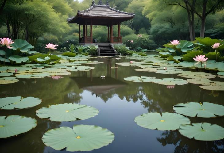 Serene Meditation in a Tranquil Garden with Calm Pond and Lotus Flowers