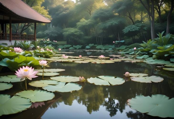 Serene Meditation in a Tranquil Garden with Lotus Flowers and a Peaceful Pond