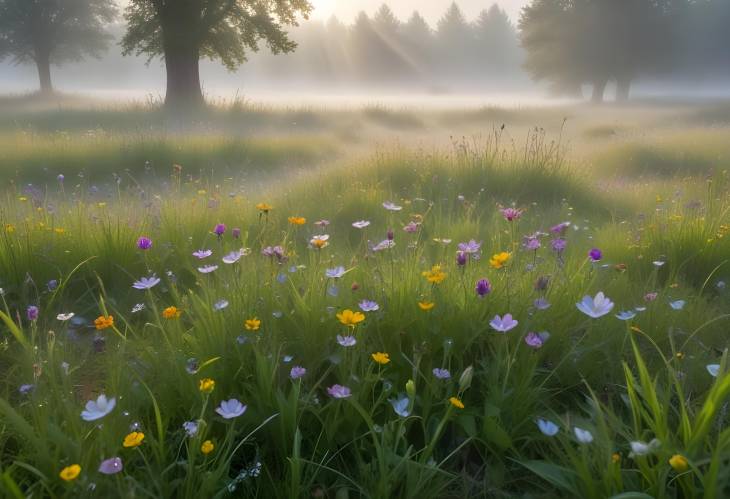 Serene Morning in a Misty Meadow with Blooming Wildflowers, Dew Drops, and Soft Sunlight