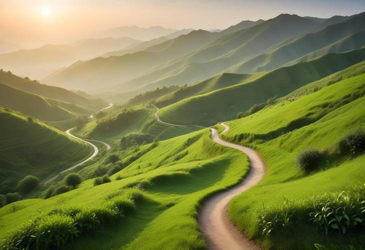 Serene Morning Panorama of Lush Green Valleys and Winding Path, Capturing Natures Essence