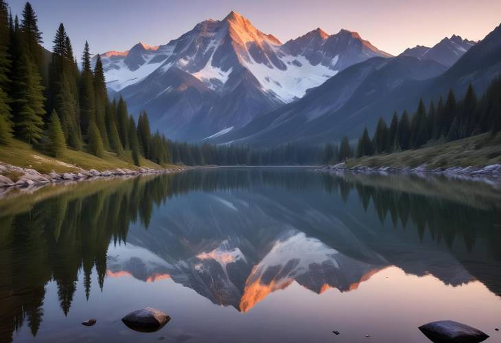 Serene Mountain Lake at Dawn with Perfect Reflections of SnowCapped Peaks in a Tranquil Morning