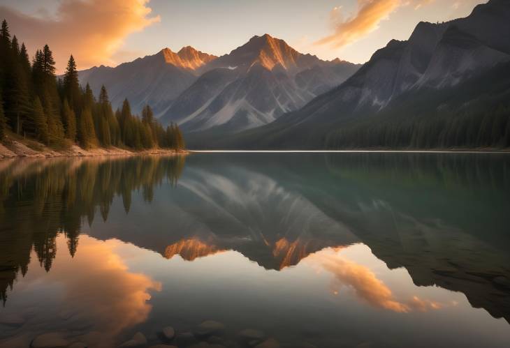 Serene Mountain Lake Bathed in Golden Hour Light with Majestic Peaks and Calm Reflections Offering