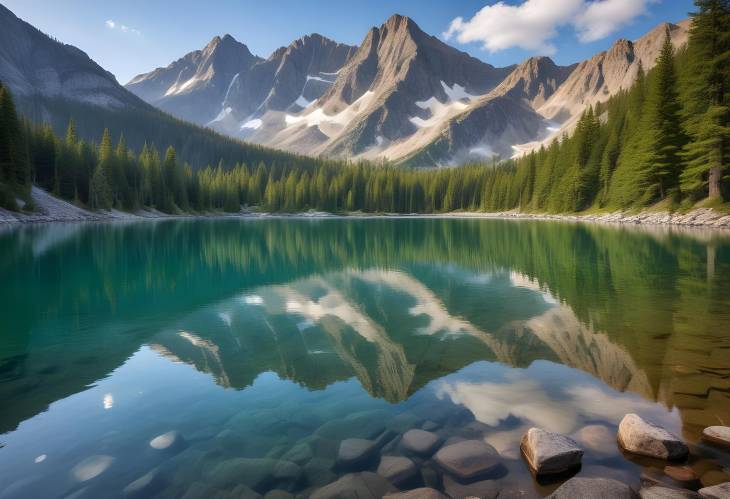 Serene Mountain Lake Surrounded by Majestic Peaks with Crystal Clear Reflective Waters