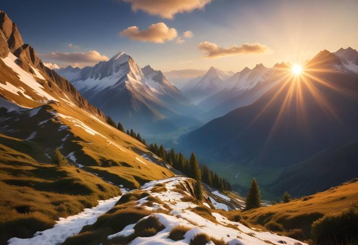 Serene Mountain Landscape at Sunrise with Golden Rays of Light Illuminating Snow Capped Peaks and L