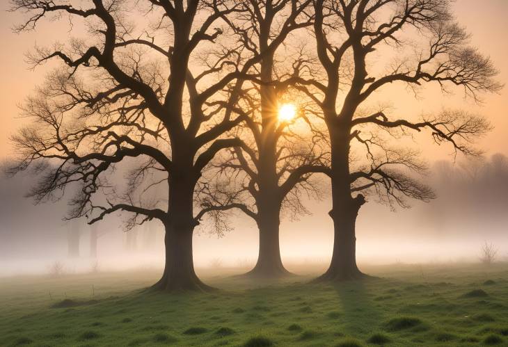 Serene Oak Tree at Sunrise with Fog in Grohberg Nature Reserve, Bavaria