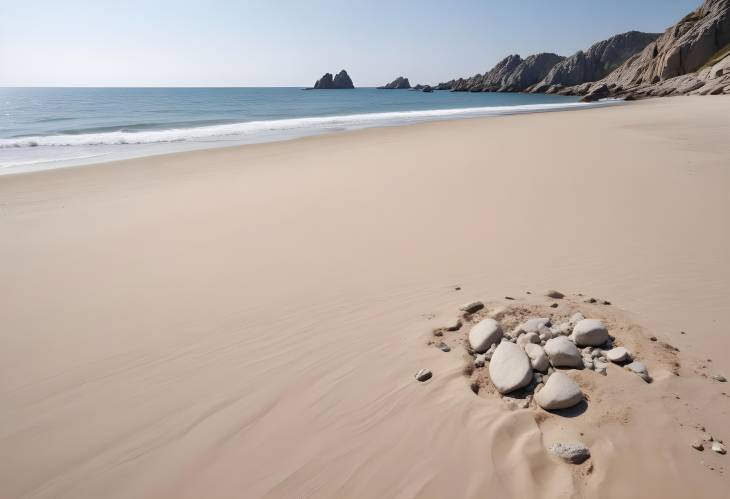 Serene Sandy Beach, Summer Sea, Gray Rocks, Natural Backdrop, Blank Space for Ads, Front View