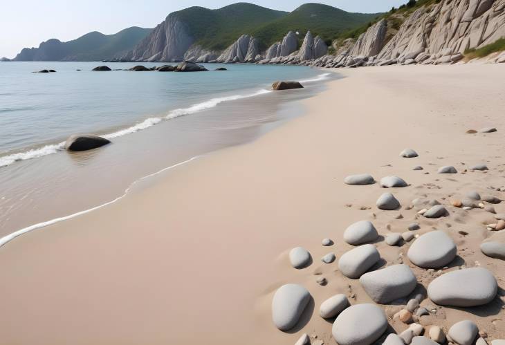 Serene Sandy Beach with Gray Rocks, Calm Summer Sea, Natural Setting, Blank Ad Space, Front View