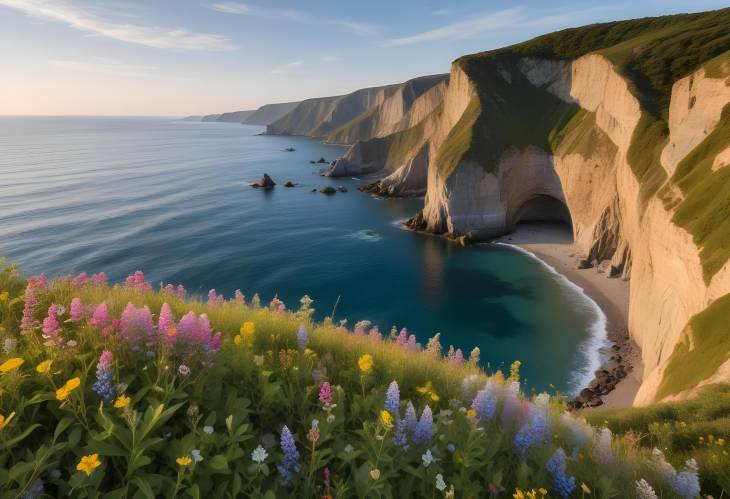 Serene Seaside Cliffs with Blooming Wildflowers Overlooking a Crystal Clear Ocean Below