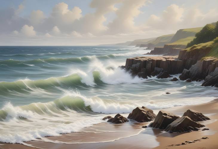 Serene Seaside Panorama with Waves Gently Breaking on a Tranquil Sandy Beach