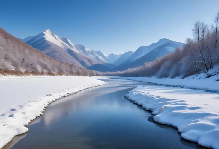 Serene Snowy Hills and Frozen River Landscape