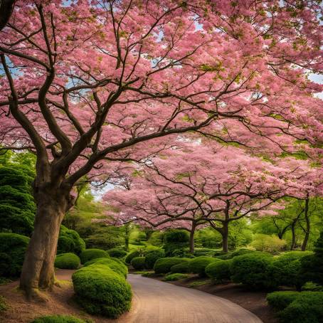 Serene Spring Park Japanese Dogwood Tree Blooming with Pink Flowers