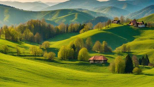 Serene Springtime Landscape of Romania with Rolling Hills, Grassy Fields, and Sunny Skies