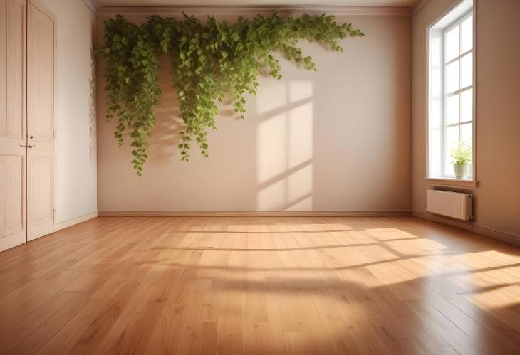 Serene Summer Room Interior with Sunlight and Leaf Shadows Empty Space on Wooden Parquet Floor