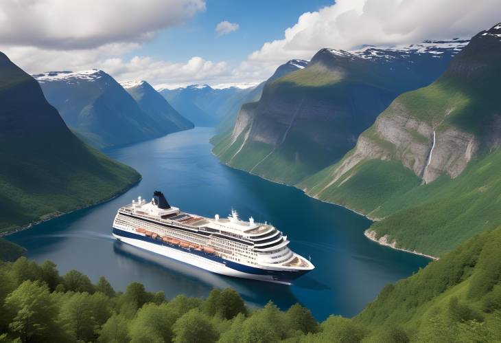 Serene Sunnylvsfjorden Fjord and Cruise Ship Near Geiranger, Norway