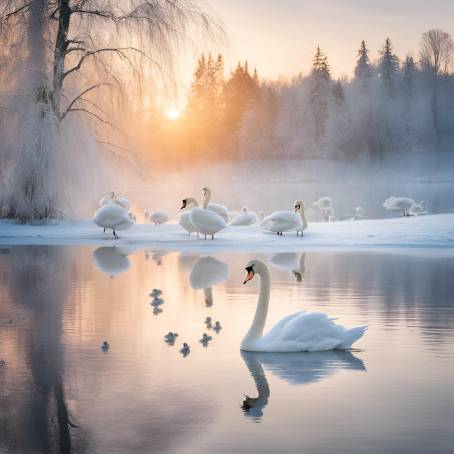 Serene Sunrise with Swans Family on Winter Lake White Swan and Grey Chicks in Icy Water, Snowy Tree