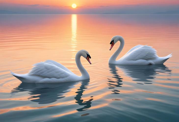 Serene Sunrise with White Swans Floating in the Calm Sea