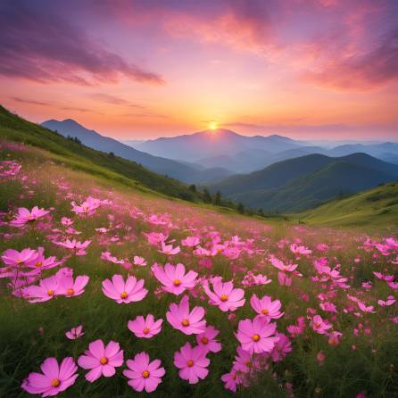 Serene Sunset and Blooming Pink Cosmos Flowers in Mountain Scenery