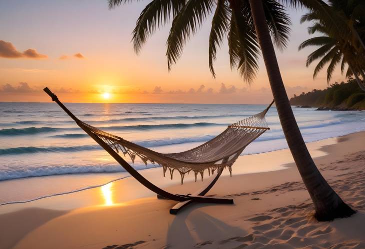 Serene Sunset at Beachfront with Hammock Swaying Between Palms and Ocean Waves Rolling In