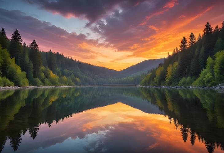 Serene Sunset Over Peaceful Lake with Forested Hills