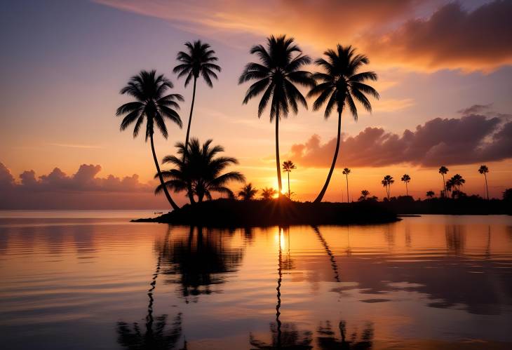 Serene Sunset Over Still Waters with Palm Trees Silhouetted Against a Vibrant Sky