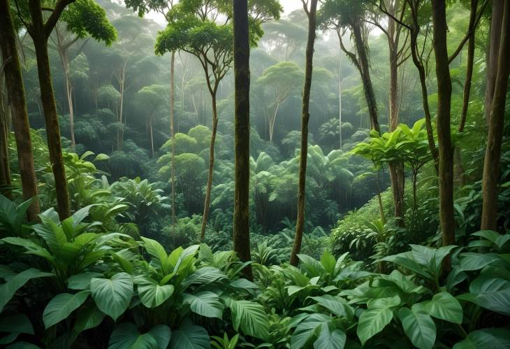 Serene Tropical Forest with Lush Greenery and Shady Trees