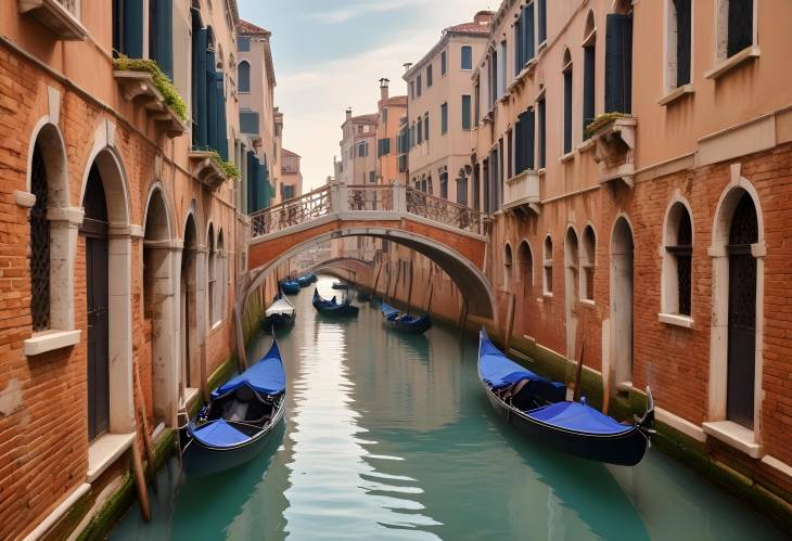 Serene Venice Canal with Gondolas Gliding Beneath Historic Stone Bridges in a Picturesque Setting