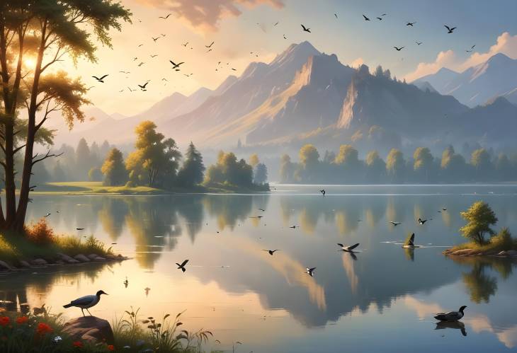 Serene View of Birds and a Tranquil Lake