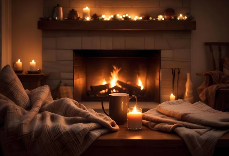 Serene Winter Evening by the Fireplace with Hot Cocoa, Soft Wool Blankets, and a Gentle Fire Glow