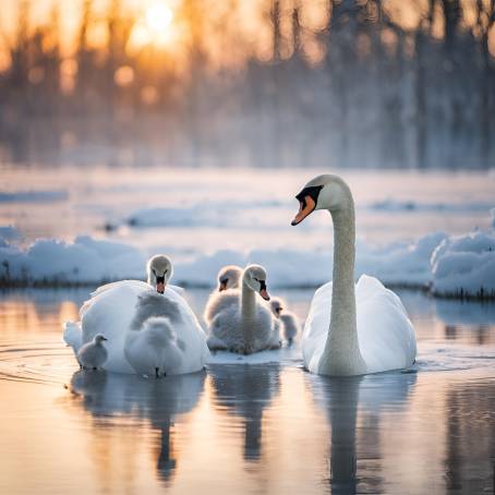 Serene Winter Lake with Swans Family at Sunrise White Swans and Grey Chicks on Frosty Water