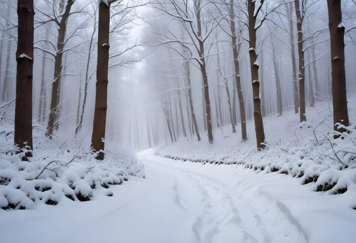 Serene Winter Pathway Through a Snow Covered Forest with Soft Snowflakes Falling Gently