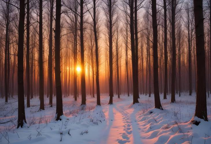 Serene Winter Sunset with Snowy Trees and Forest Scenery