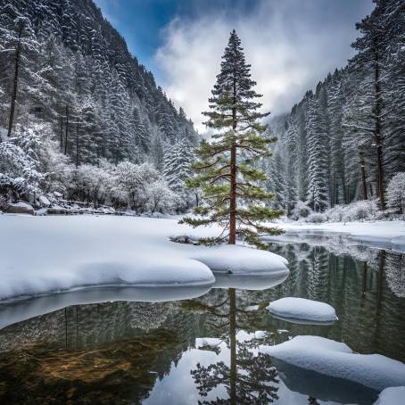 Serene winter view Pine trees with snow mirrored on the surface of Mirror Lake