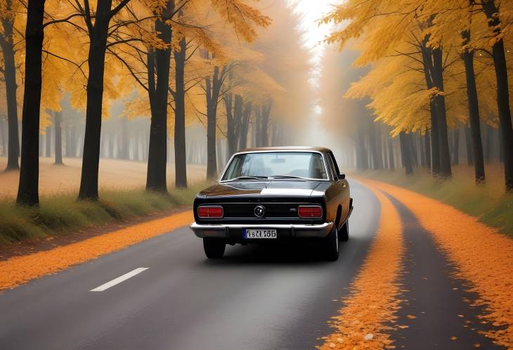 Serenity on the Road A Black Car Driving Through a Picturesque Autumn Landscape