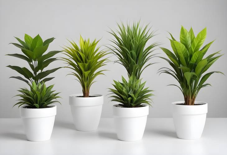 Set of Artificial Plants in Isolated Flower Pots on White Background