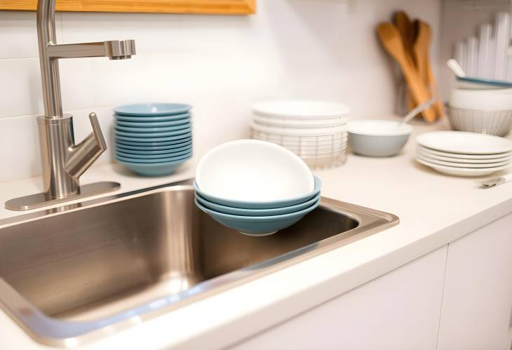 Set of clean dishes arranged on kitchen counter near sink, showcasing an organized kitchen